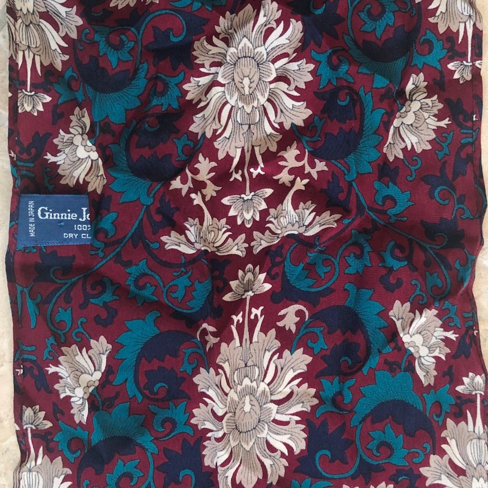 Vintage Ginnie Johansen Silk Scarf Blue Purple White Floral EUC